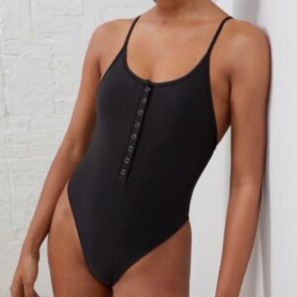 UpWest Black One Piece Snap Front Swimsuit with Spaghetti Straps NWT Size Small - Picture 1 of 11